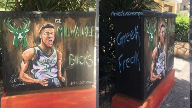 Grafiti de Giannis Antetokounmpo fue destrozada con simbología nazi en Atenas