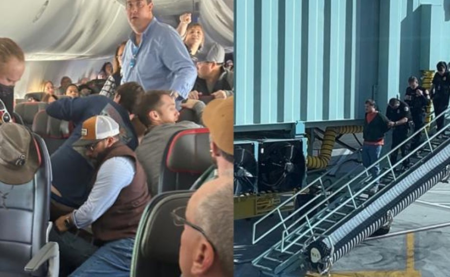 el momento en que pasajero intentó abrir la puerta de emergencia de un avión en pleno vuelo en EEUU